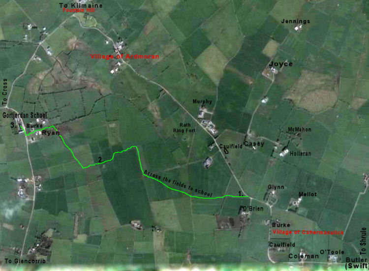 Map traces route travelled across fields to school